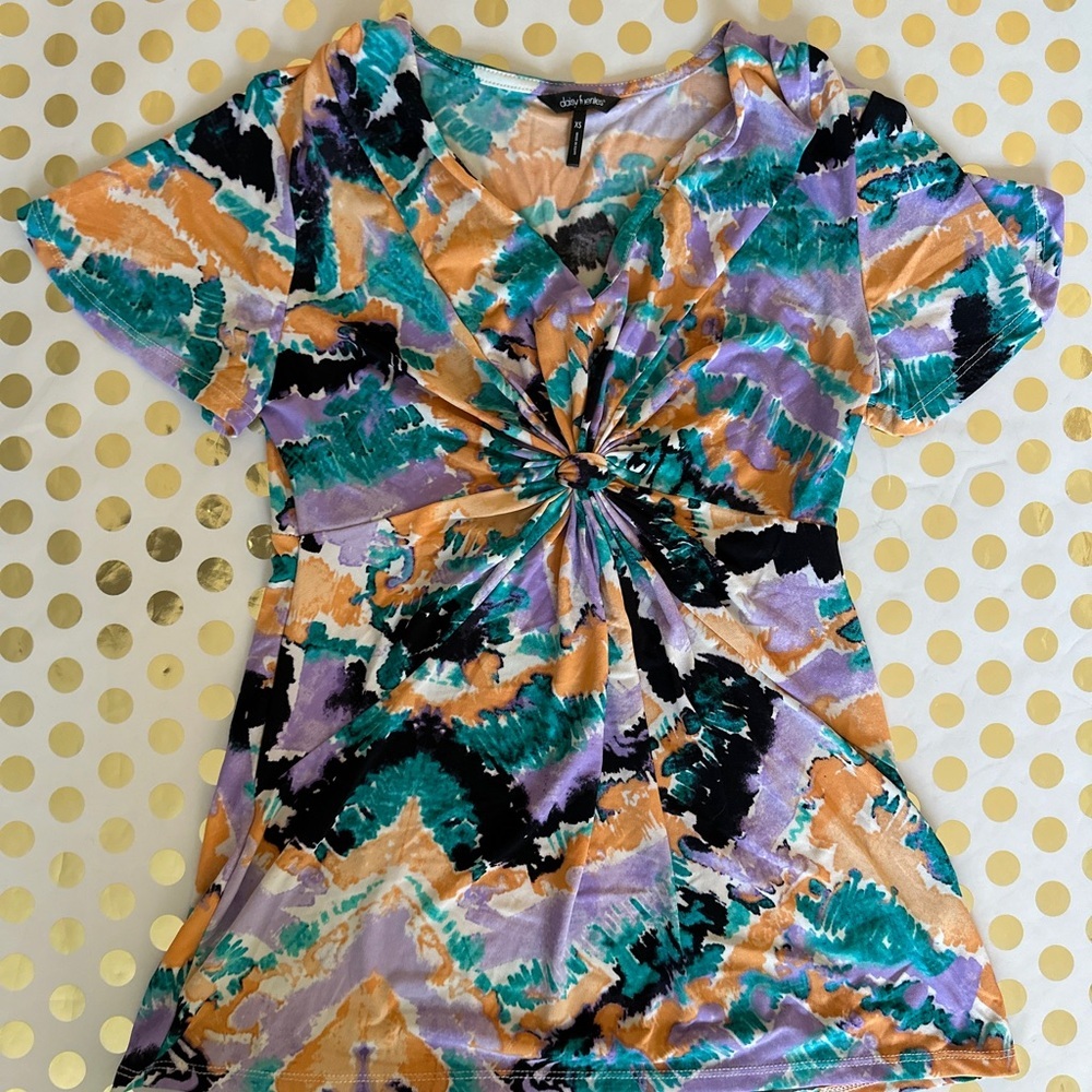 Daisy Fuentes Blue and Orange Graphic Ruched Blouse